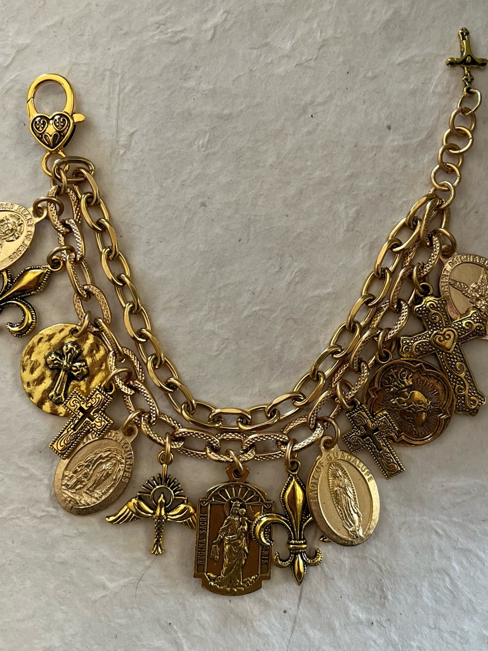 Catholic Saints and Crosses Charm Bracelet, Gold Tone Medals - Picture 3 of 12